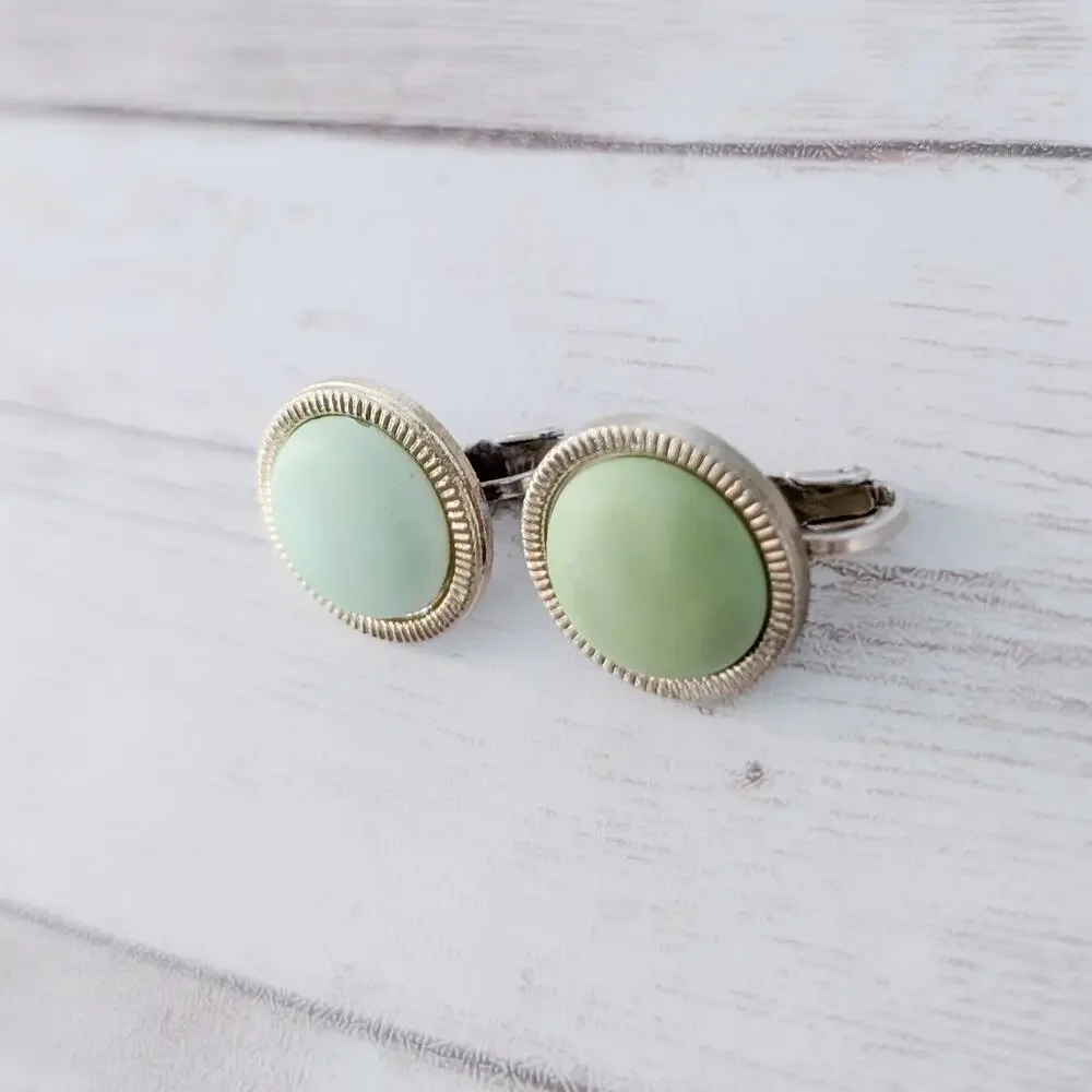 Vintage Clip On Earrings Mismatched Green with Gold Tone Halo